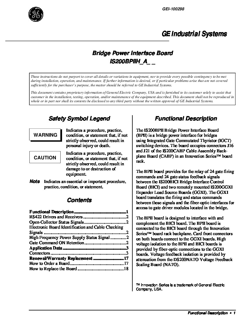 First Page Image of IS200BPIIH1AAA Bridge Power Interface Board GEI-100298.pdf